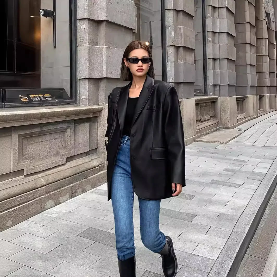 Женский черный пиджак из искусственной кожи WQAFVG