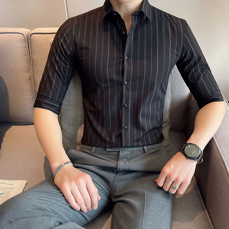 

Brand Half Sleeve Camisas De Hombre Summer Spring Striped Printing Social Business Slim Fit Men Dress Shirts Streetwear M-4XL