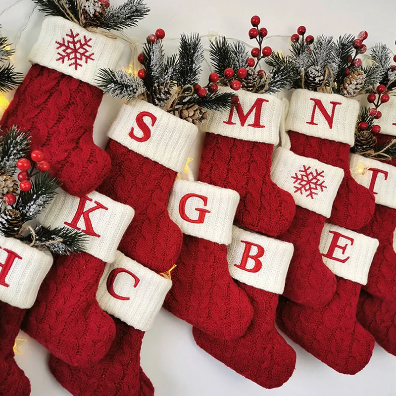 

Merry Christmas Socks Red Snowflake Alphabet Letters Knitting Christmas Stocking Gift Bags Xmas Tree Pendant Decorations