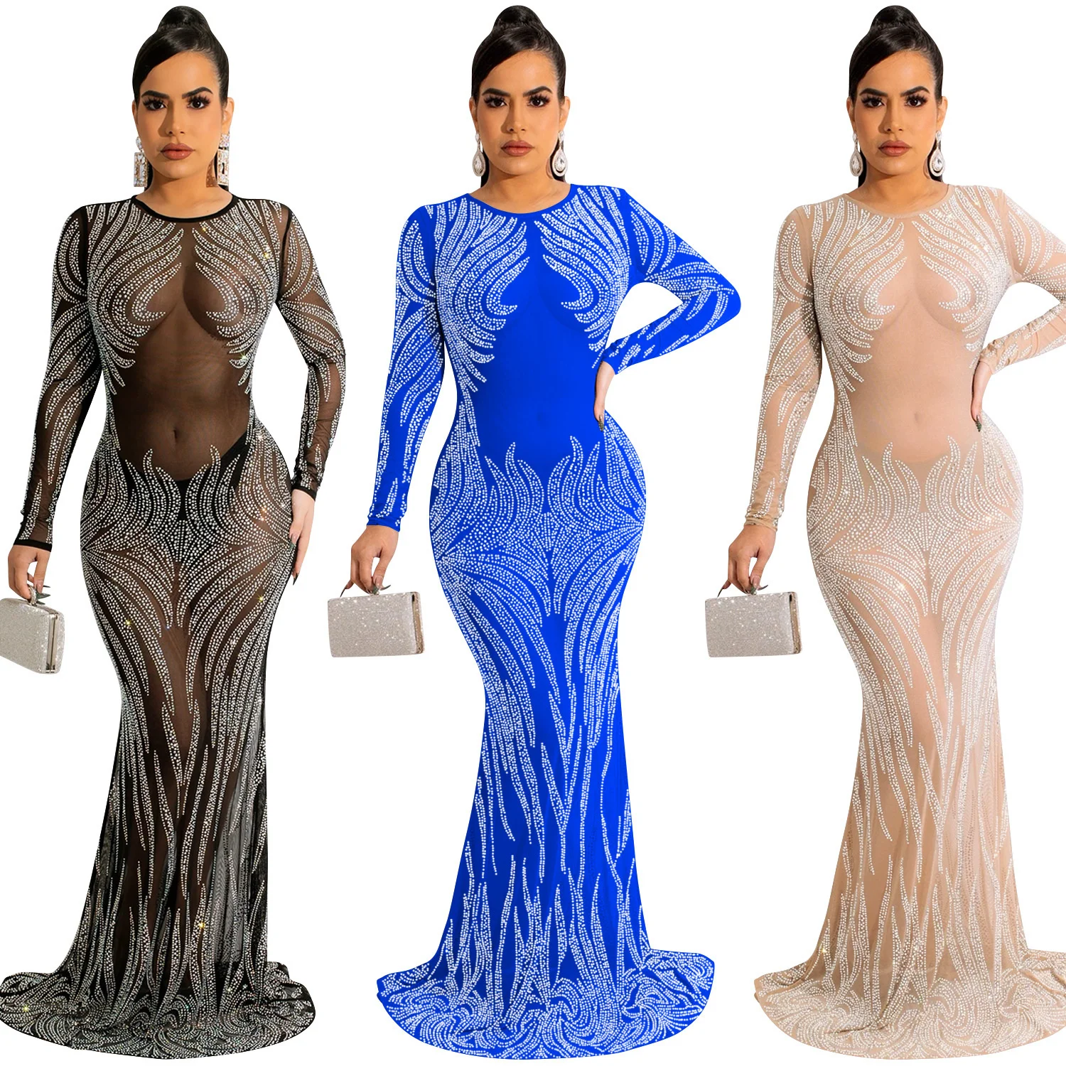 

Cutubly Womens Dress Diamonds Birthday Dresses Solid Long Sleeve Elegant O-neck Chic Y2k Female Popular Lady Party Wear Vestidos