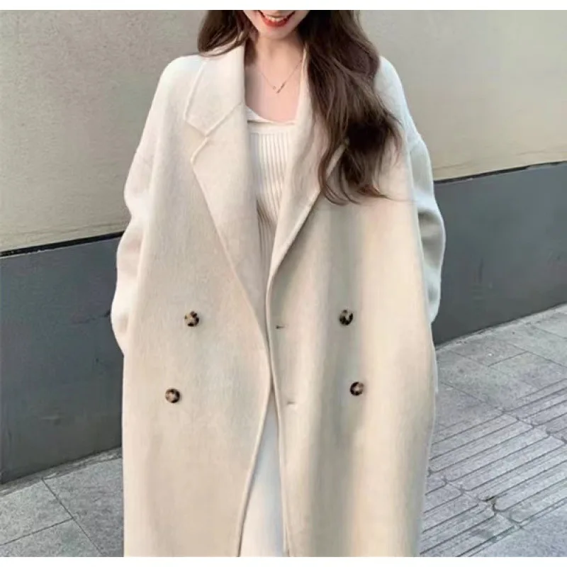 

Long Blends Women Solid Double Breasted Thick Winter Wool Coats Minimalist Loose All-match Korean Style Females Temperament Warm