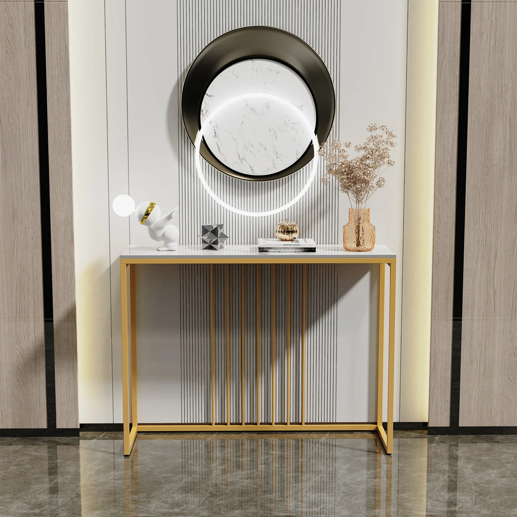 Mesa de mármol de consola de acento moderna, estante de exhibición de almacenamiento con marco de Metal dorado, mesa estrecha para pasillo, entrada de sala de estar