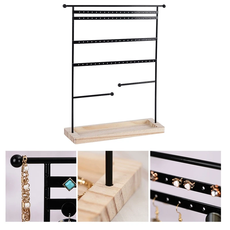 

Black Earring Holder Jewelry Stud Display Stand For Show Tiered Jewelry Display Rack with Wooden Tray and Hook Y08E