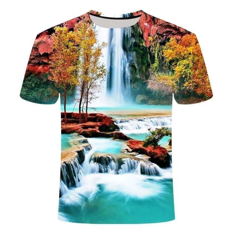 

Футболка мужская оверсайз с рисунком водопада, Повседневная рубашка с коротким рукавом и круглым вырезом, уличная одежда в стиле Харадзюку, с рисунком природного пейзажа, лето
