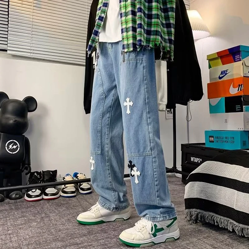 Fashion Men Wide Leg Jeans Unisex Denim Trousers Loose Straight Cut Cross Patch Cargo Pants Hip Hop Trend Men Loose Jeans Pants