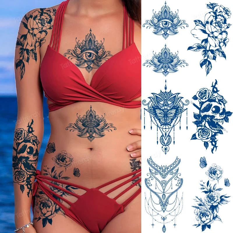 

8pcs/pack fake tattoo stickers sexy flowers juice ink long lasting custom underboob breast temporary tattoos lotus peony rose