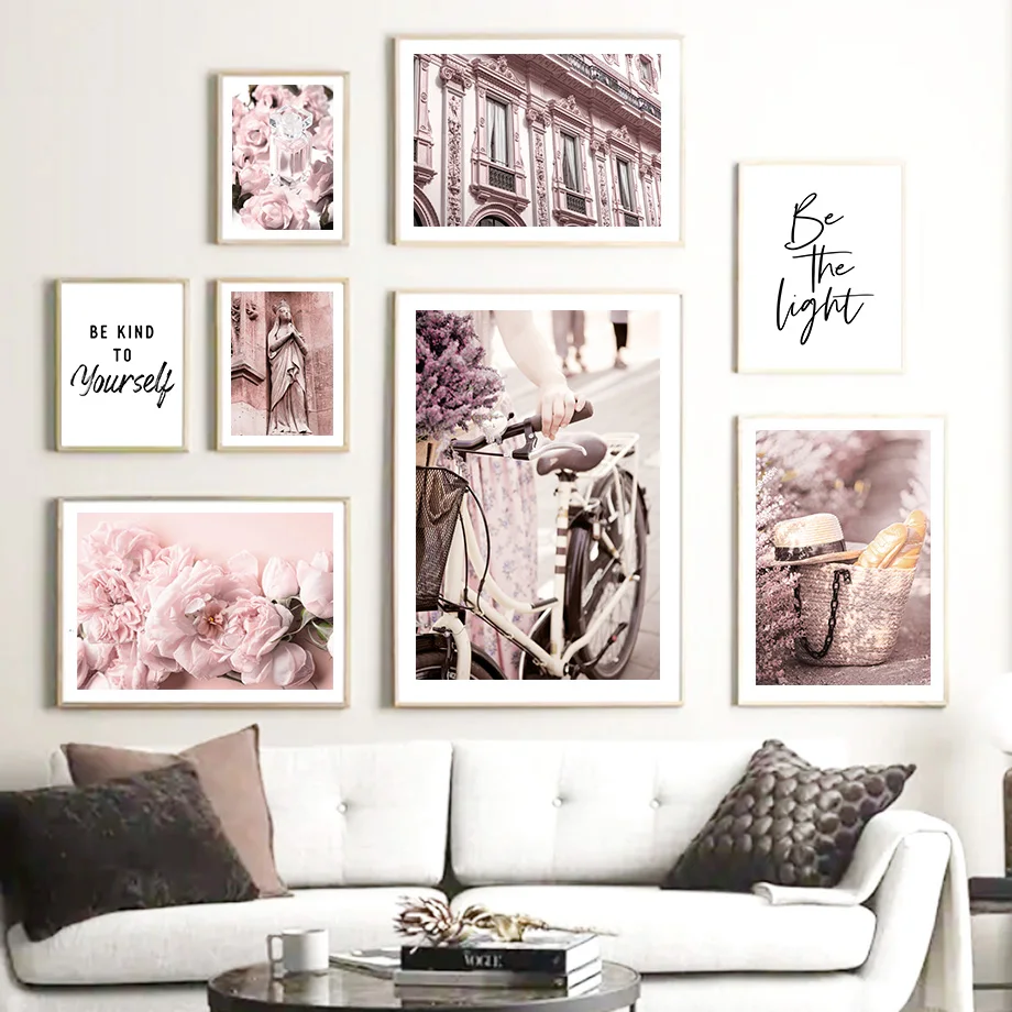 

Pink Flower Bicycle Perfume Building Landscape Wall Art Pictures Canvas Painting Nordic Posters And Prints For Living Room Decor