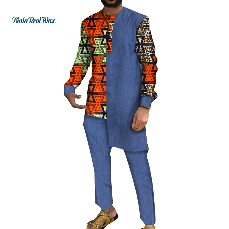 Custom Traditional African Mens Clothing Bazin Riche Patchwork Long Sleeve Top and Pants 100% Cotton 2 Pieces Pants Sets WYN1072