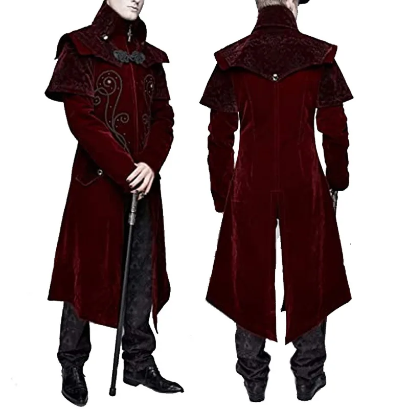 

Retro Men Medieval Steampunk Castle Vampire Devil Red Coat Gothic Cosplay Costume Halloween Victorian Nobles Tuxedo Suit Trench