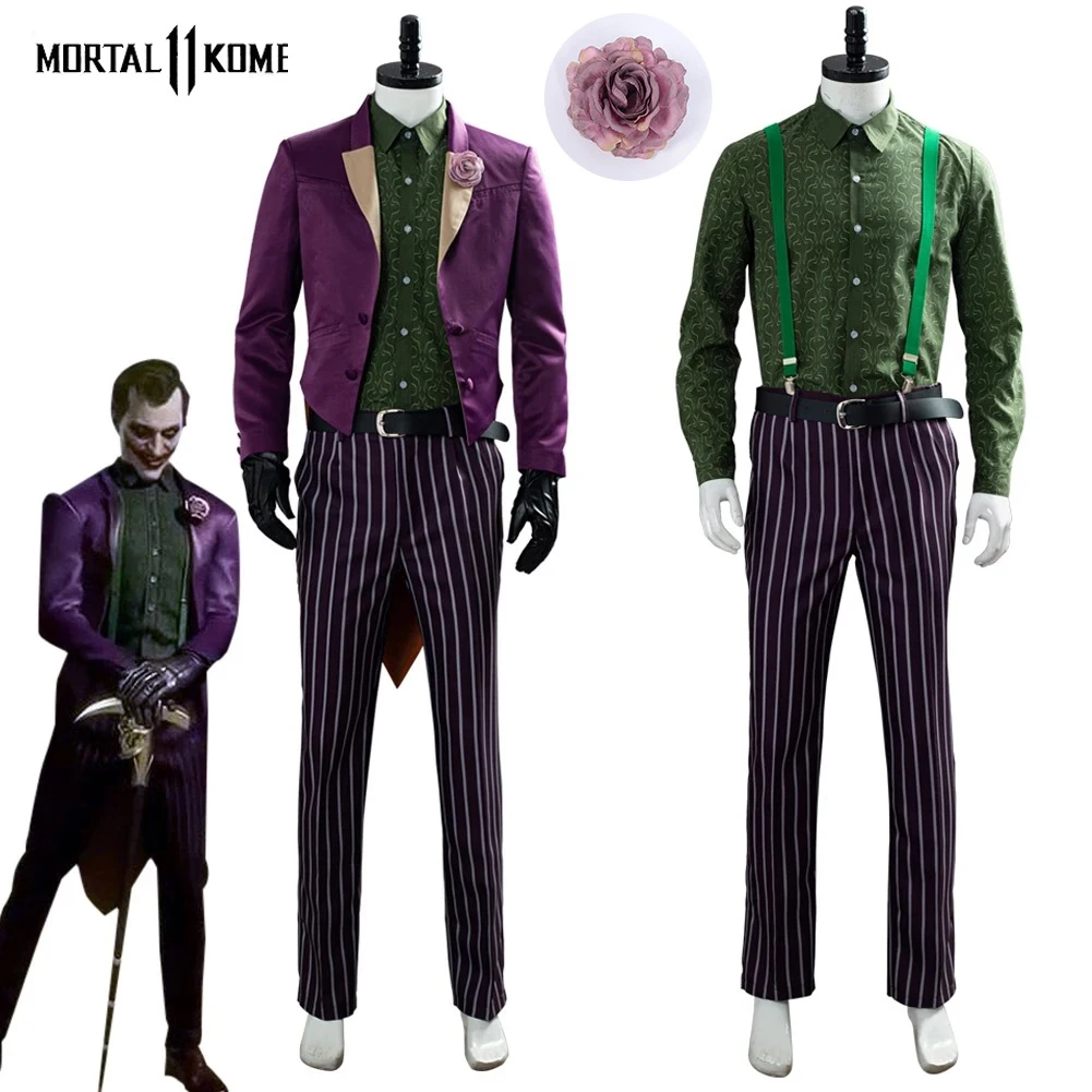 Фото Аниме Джокер Косплей Mortal Kombat 11 Костюм клоуна Purpel Костюм комплект в полоску Брюки Пояс Хэллоуин Карнавальные костюмы Взрослые мужчины №1