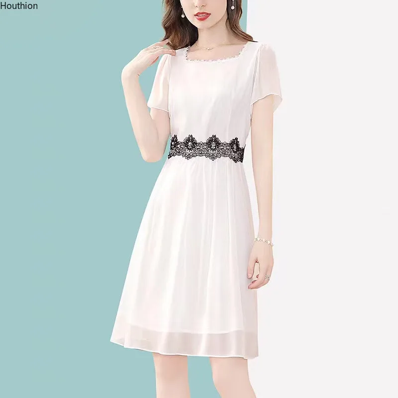 

Chiffon Loose Women Mid Dress New Fashion Short Sleeve Solid Color Square Collar Summer Houthion