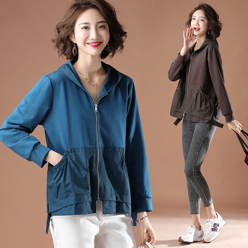 

2022 Autumn Fungus Edge Patchwork Hoodie Loose Long Sleeve Top Women's Solid Color Versatile Cardigan Fashion