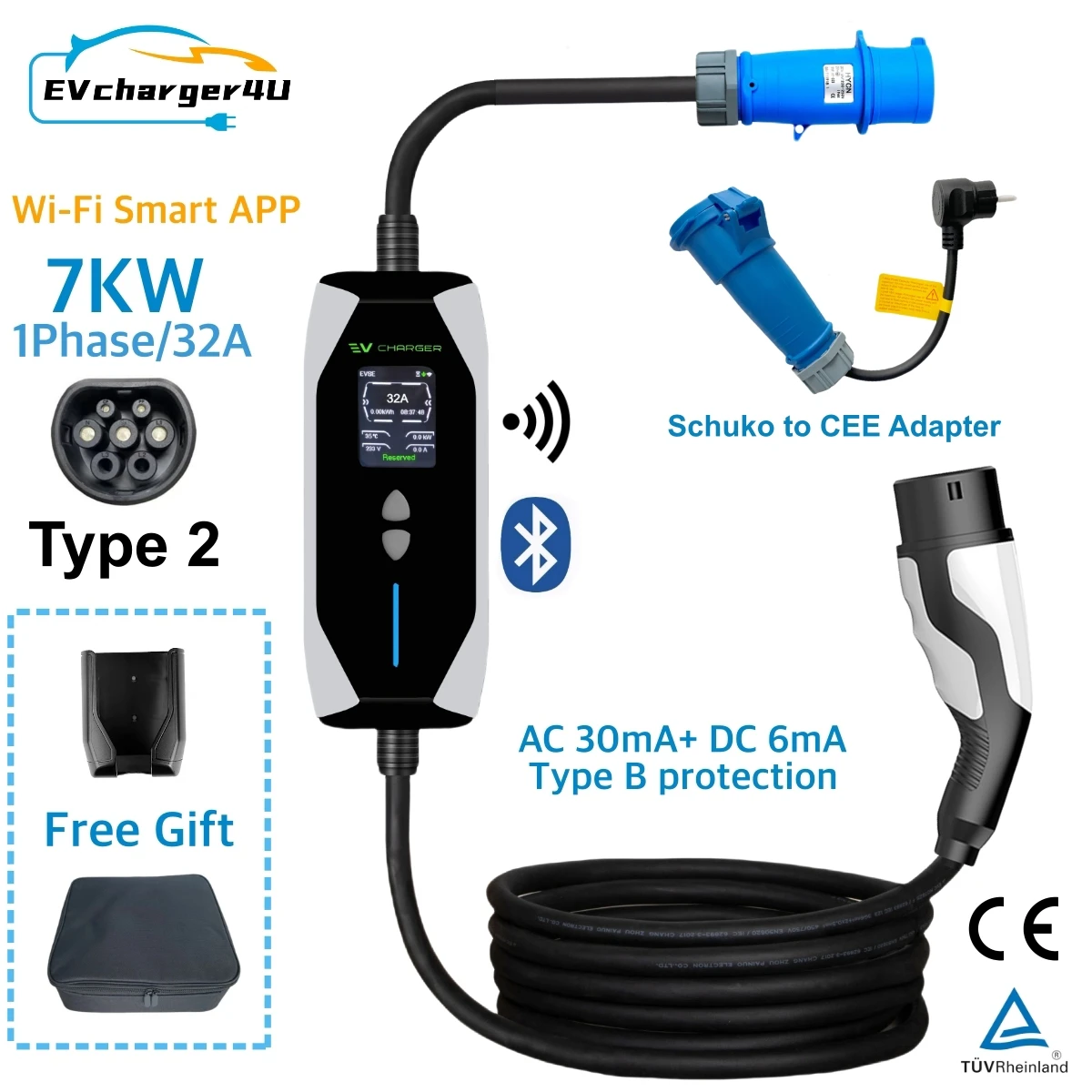 

EVcharger4U J1772 Type2 GBT NACS 1-фазное портативное зарядное устройство 32A 7KW с защитой RCD Type B Wi-Fi Bluetooth APP Control EVSE Box