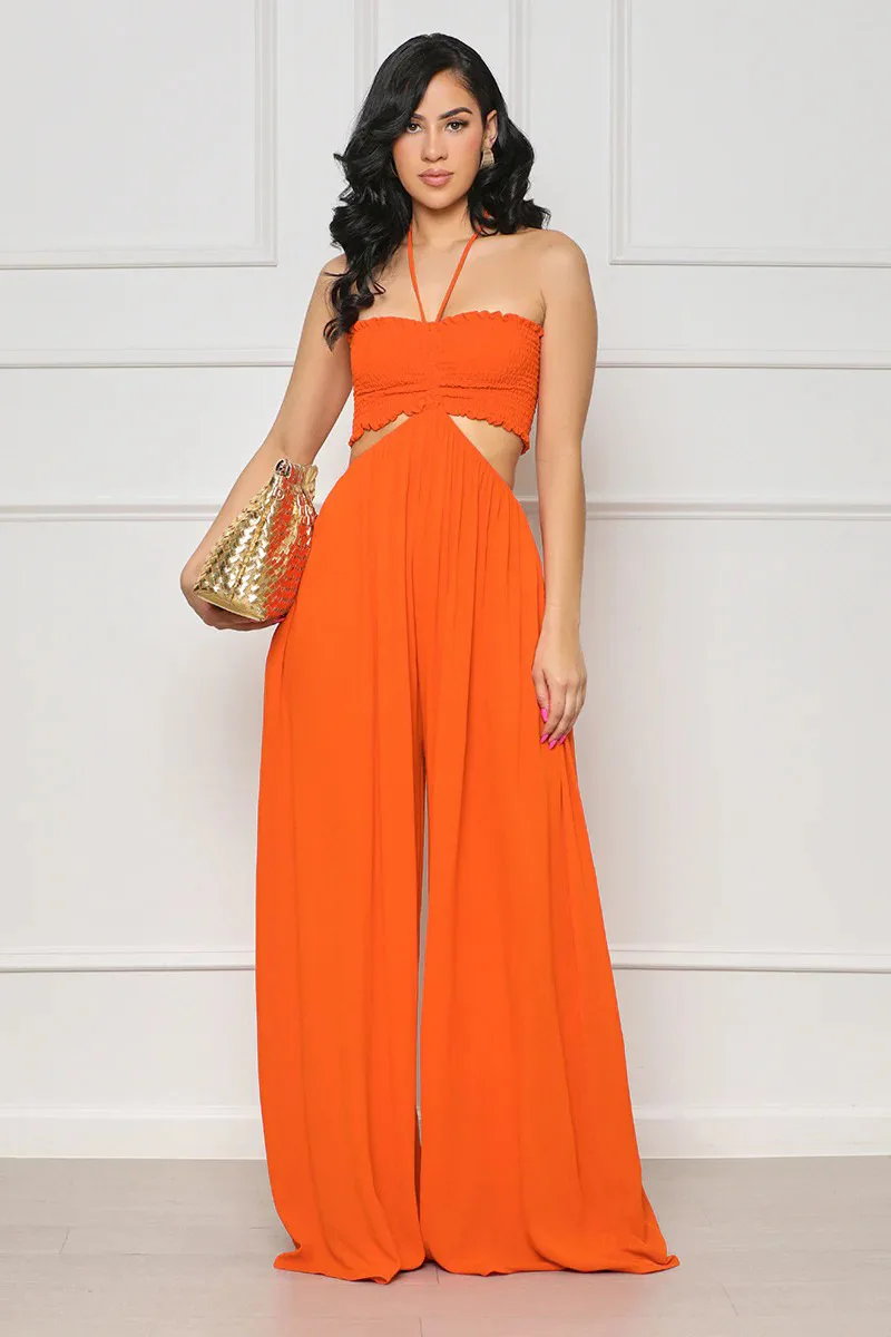 

Fashion Women Elegant Halter Bra Up Hollow Out Jumpsuits 2023 Summer Sexy Sleeveless Street Beach Halter Neck Wide Leg Jumpsuit
