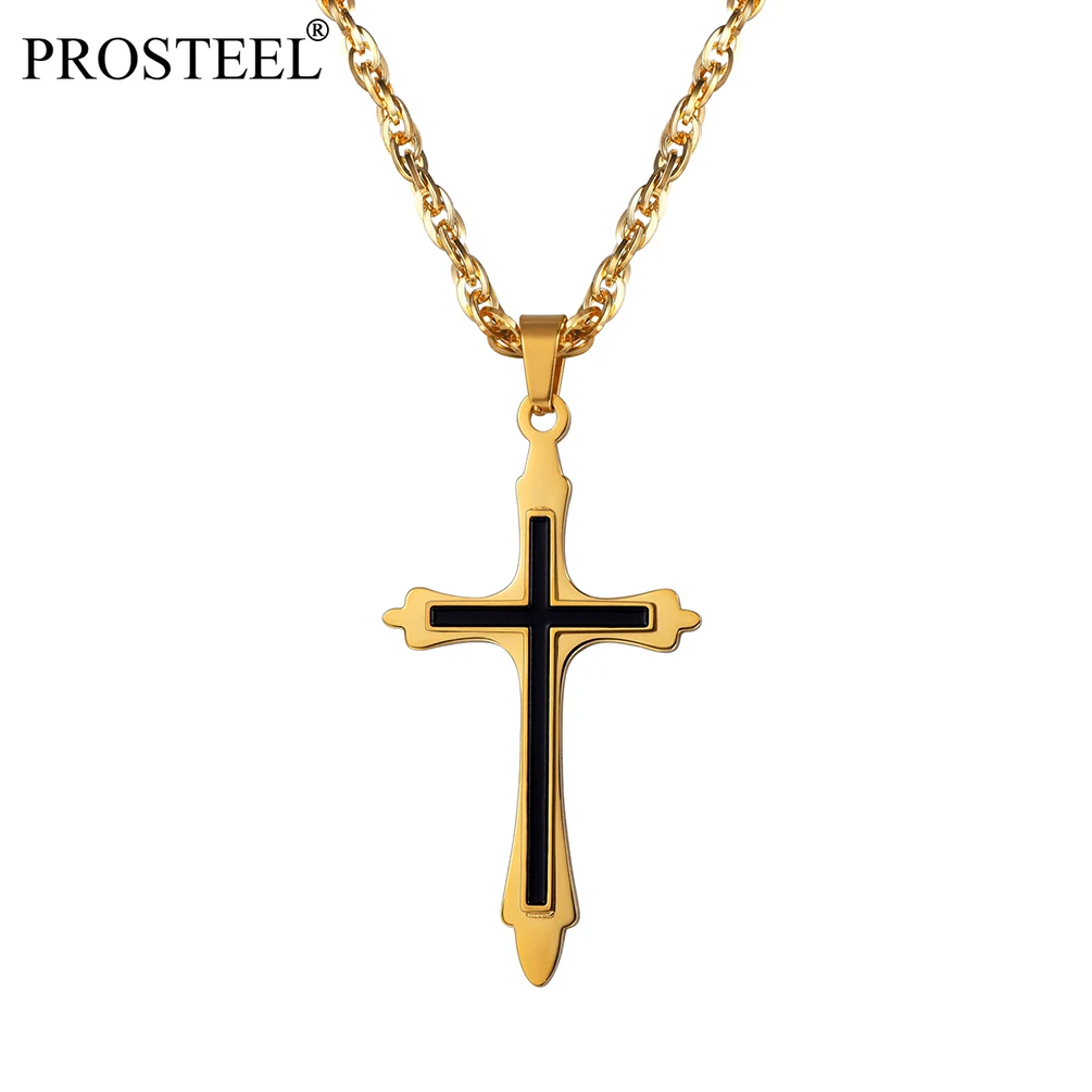 

PROSTEEL Stainless Steel Cross Necklace Trendy Pendant Men Women Christian Jewelry Two Tone Black/Gold/Silver Color PSP3261