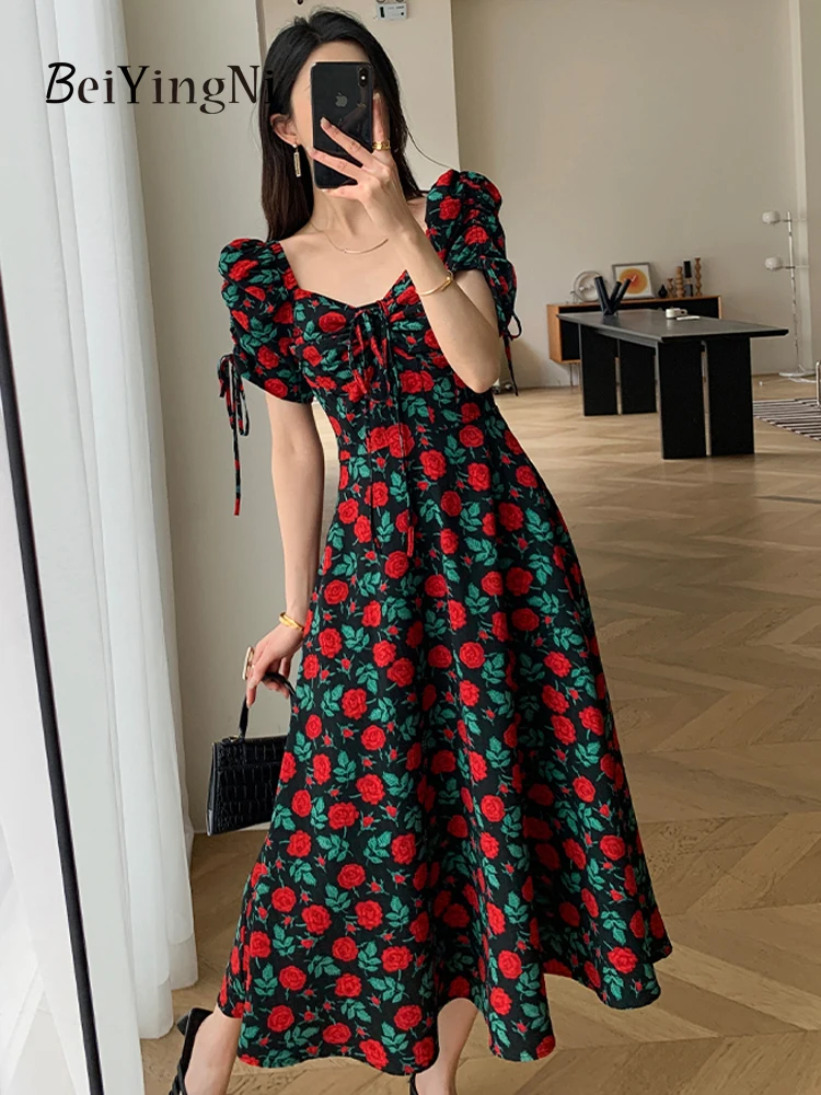 

Beiyingni Women Floral Print Midi Dress Casual Elegant Square Collar French Sexy Short Sleeve Dresses Woman Retro Lace-up Robes