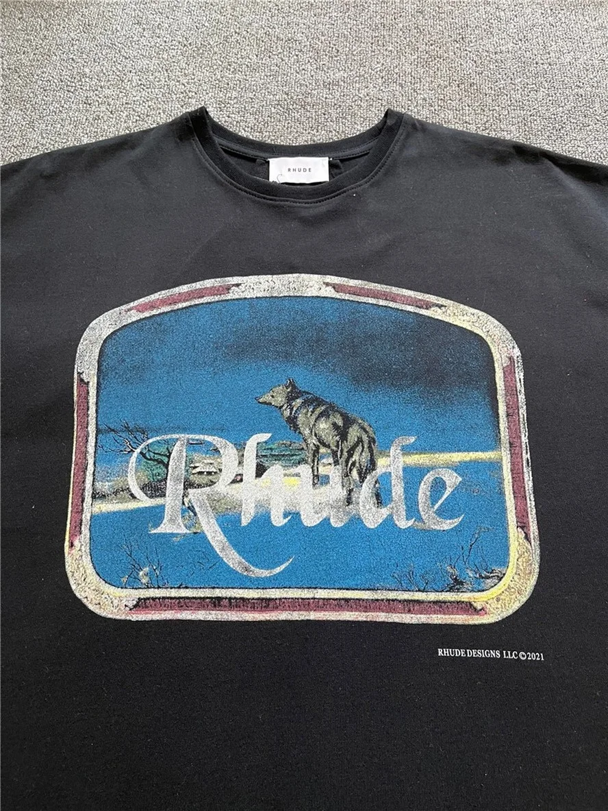 

T Shirt Men Women 1:1 High Quality T-shirt Nice Washed Heavy Fabric Rhude Lone Wolf Oversized Tops Tees
