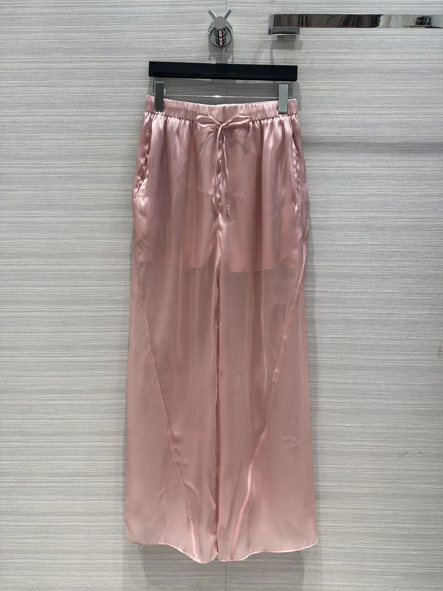 Celebrity organza wide leg loose pants women elastic waist silk pants pink grey