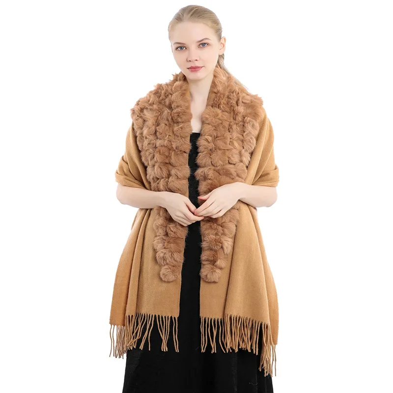 

Fashion Womens Autumn Winter Wool With Rabbit Fur Pompon Warm Tassel Shawl Scarf Wrap Ponchos Capes Cardigan Khaki Cloak