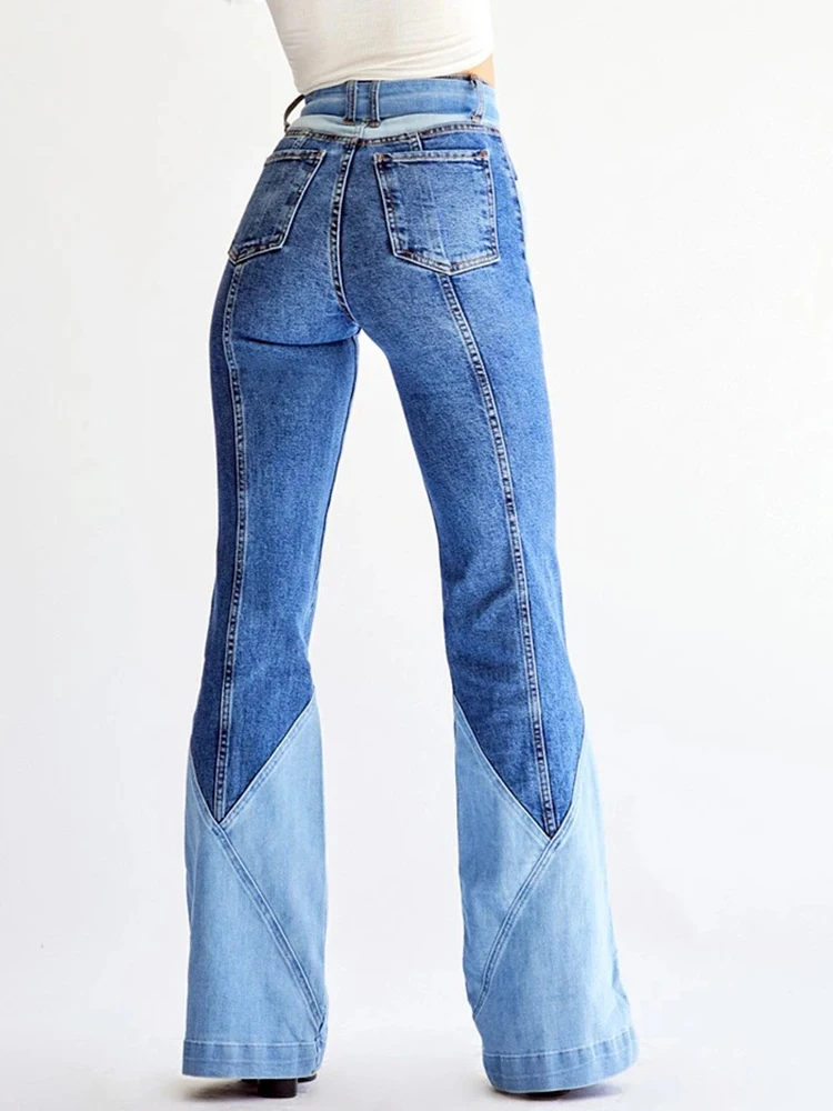 Stitching belt European and beautiful denim flared pants dropship retro high waist two-color denim jeans