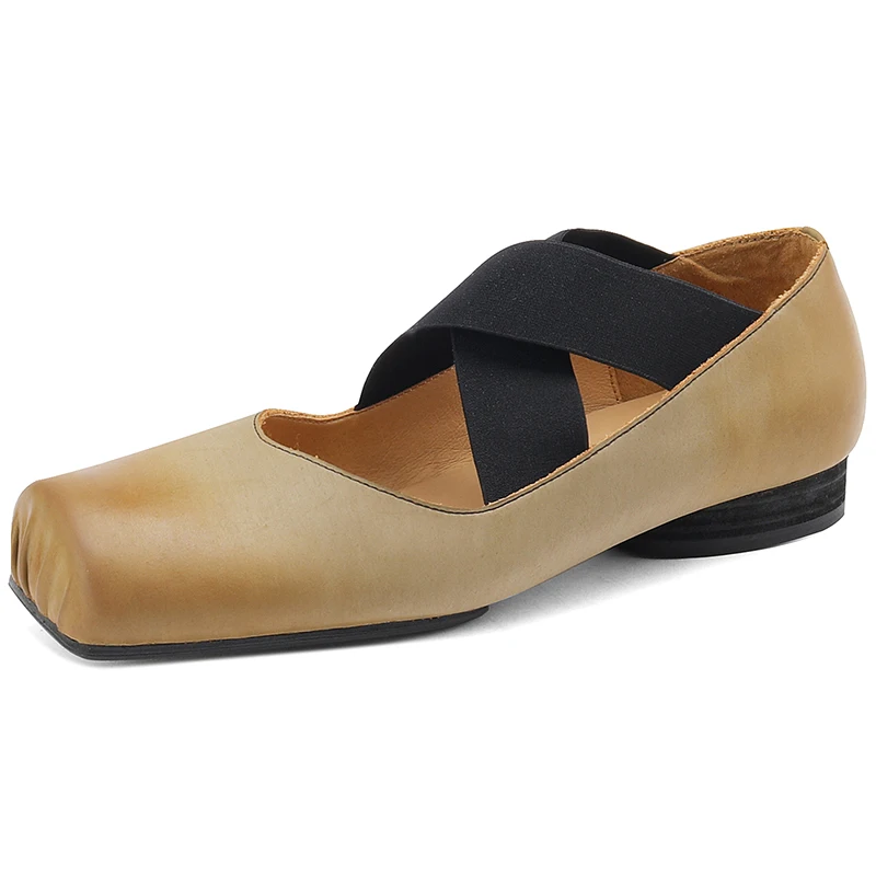 Insicre Cow Leather Elastic Band Low Heels 2022 Fashion Autumn Women Pumps Square Toe Top Quality Size 42 Hand Rubbing