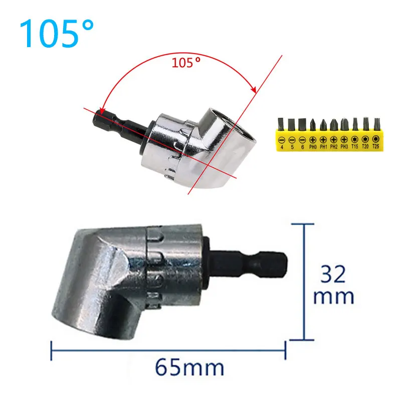 

Adjustable 105 Degree Right Angle Driver Screwdriver Hand Tools Set 1/4 Hex Shank For Power Drill Screwdriver Bits Tools