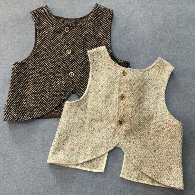 

Женский твидовый жилет Johnature, утепленный жилет из твида, без рукавов, с двумя пуговицами, с круглым вырезом, кардиган на осень 2023