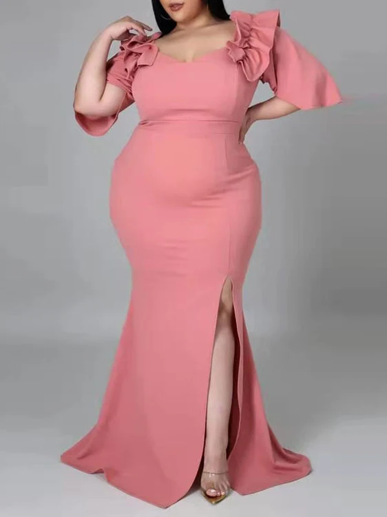 Plus Size Long Floor Dress Women Ruffle Short Sleeve Slit Sexy Fashion Dresses for Evening Party Female Spring Clothing 2022
