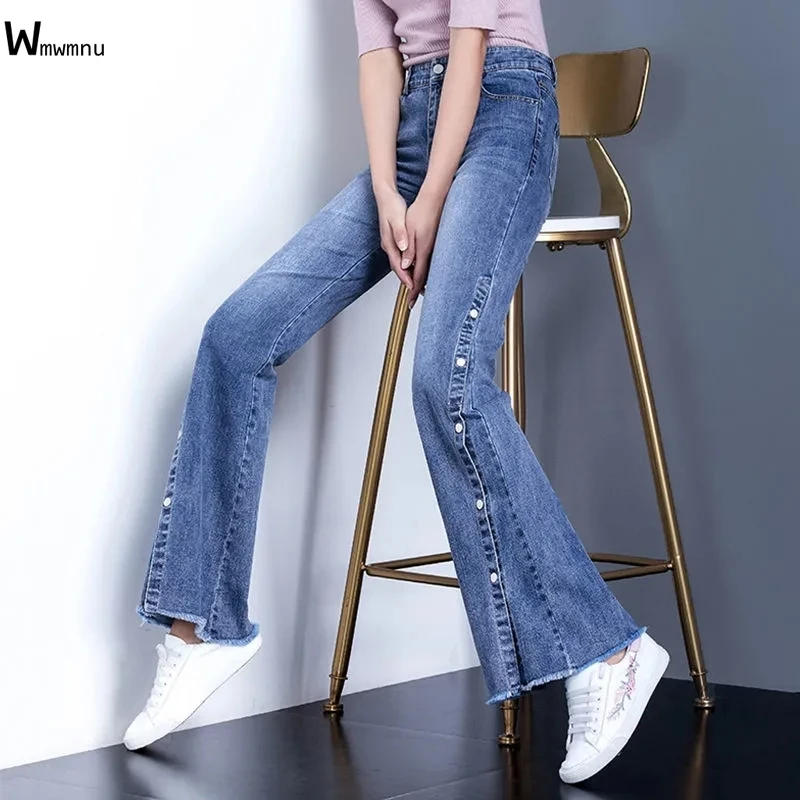 

Korea Fashion High Waist Flare Jeans Light Blue Denim Trousers Long Pants Lady Spring Single-Breasted Side Slit Slim Jeans Women