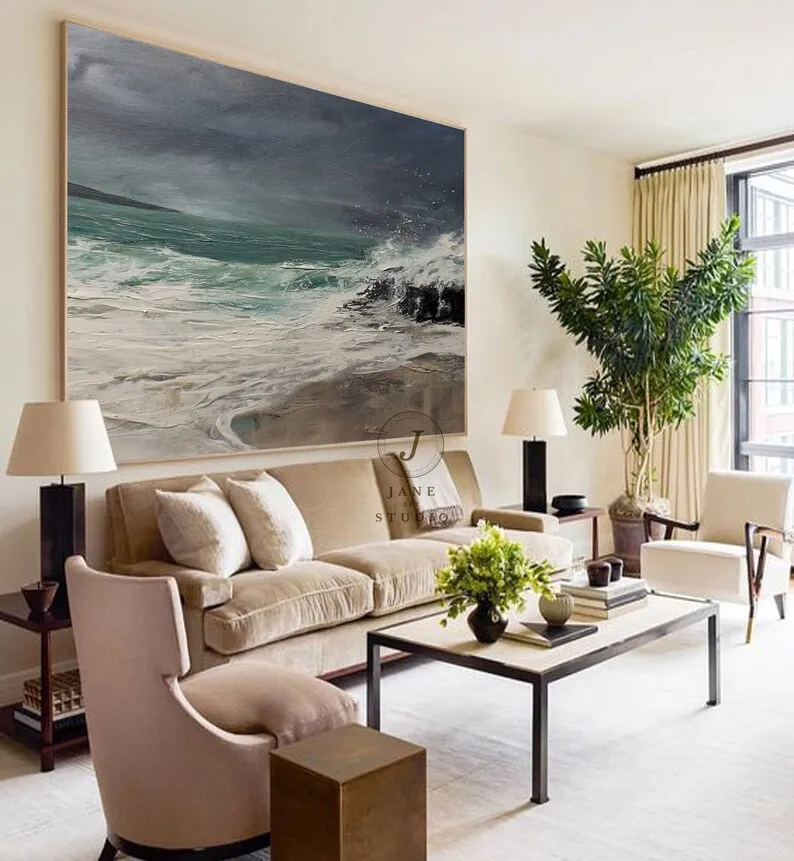 

Original Gray White Ocean Landscape Abstract Painting,Huge Waves Painting,Labstract oil painting, abstract big painting, art