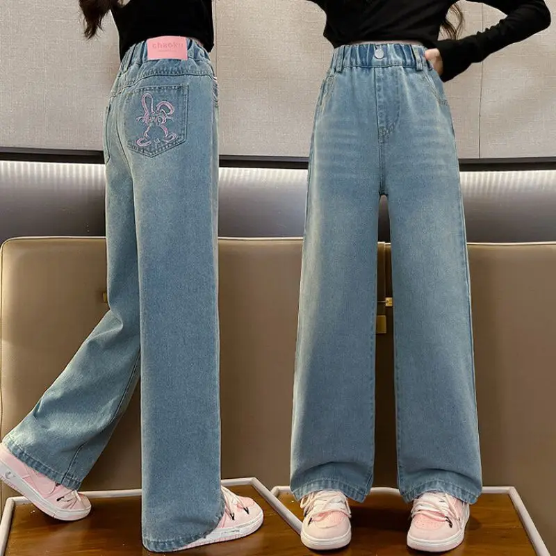

Teenage Girls Jeans Loose Simple Kids Wide Leg Trousers Blue Casual Elastic Waist Straight Leg Pants 12 13 Year Children Clothes