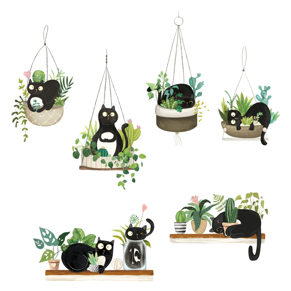 

Wall Stickers Decal Cat Decals Nursery Sticker Black Potted Room Green Kids Pattern Watercolor Cartoon Tropical Removable Diy