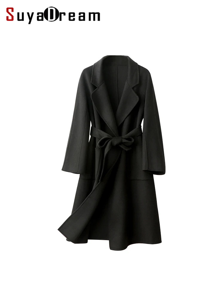 

SuyaDream Women Wool Blend Handmade 100% Wool Two Pockets Belts Chic Long Coat 2022FW Elegant Winter Coats Black Red