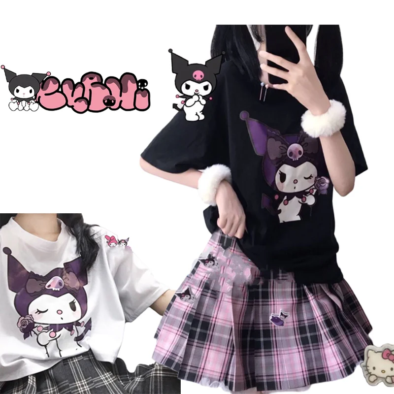

Kawaii Sanrios Kuromi хлопковая с коротким рукавом Удобная дышащая аниме милая мультяшная футболка Повседневная универсальная летняя Новинка Y2k