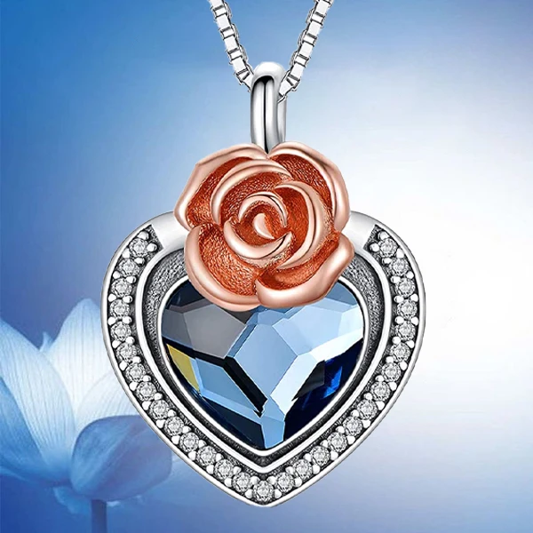 

Exquisite Heart Shape Sapphire Rhinestones Necklace for Women Rose Flower Pendant Mom Princess Wedding Party Anniversary Gift
