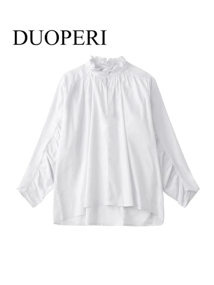 

DUOPERI Women Fashion Poplin Embroidery Blouses Vintage Long Sleeve Female Pleated Shirts Outfits Chic Tops