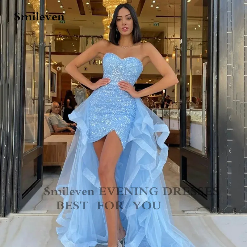 Smileven Sky Blue Prom Dress minigonna con paillettes con strascico staccabile abiti da festa Sweethart Neck Prom Party Gowns 2022