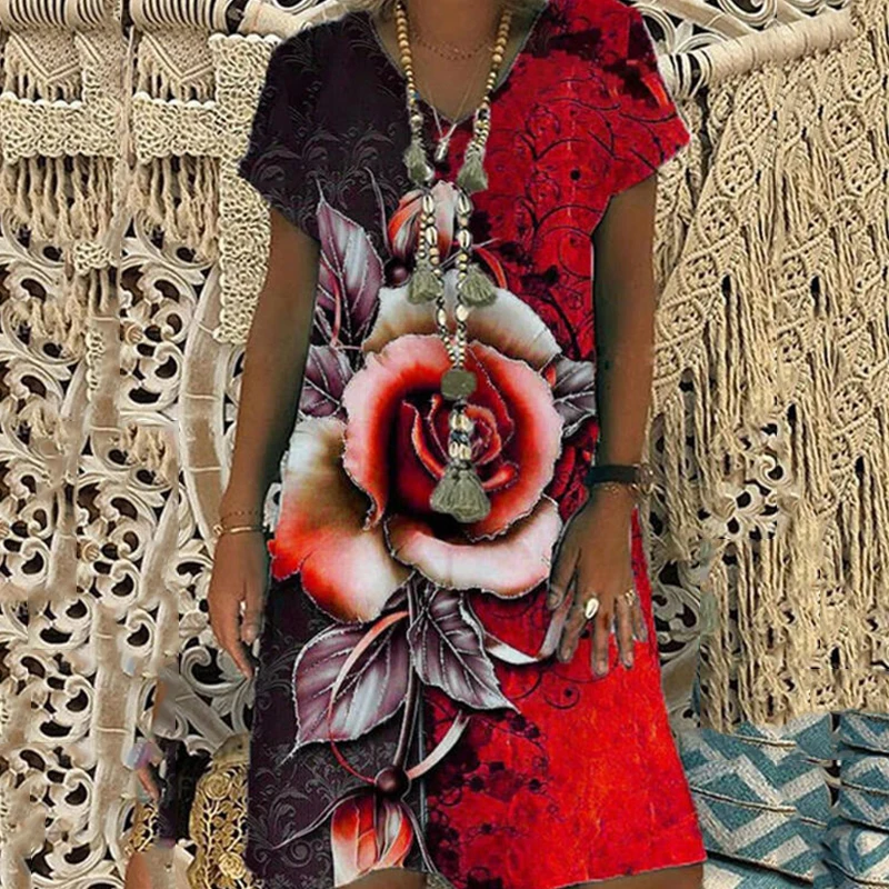 

Fashion 3XL Plus Size O-neck Rose Printed Short Sleeve Women's Dress 2022 Knee-Length Casual Loose Dresses Vestidos Para Mujer