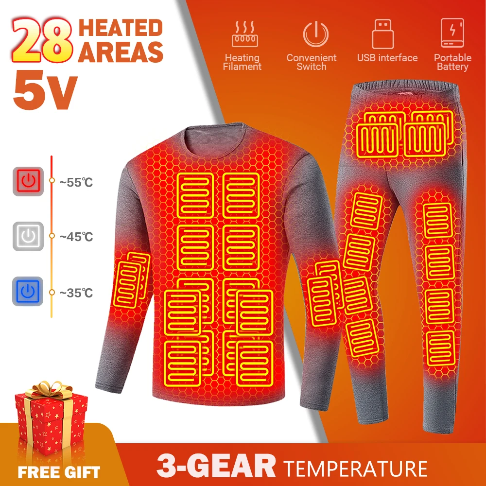 

28 Area Heated Thermal Underwear Heated Jacket USB Electric Heating Clothing Undershirt Ski Suit Men Women Winter Warm Underwear