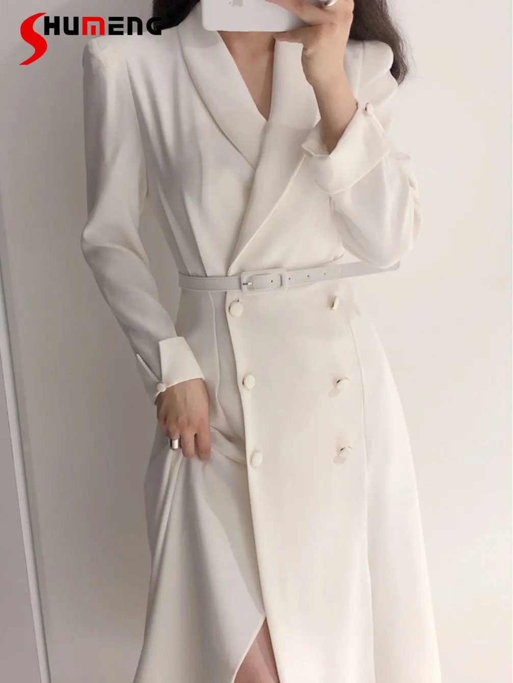 2022 Autumn Korean Fashion Chic Elegant Lapel Double Breasted Suit Dress Women's Office Lady Waist Slimming Ankle-length Dress
