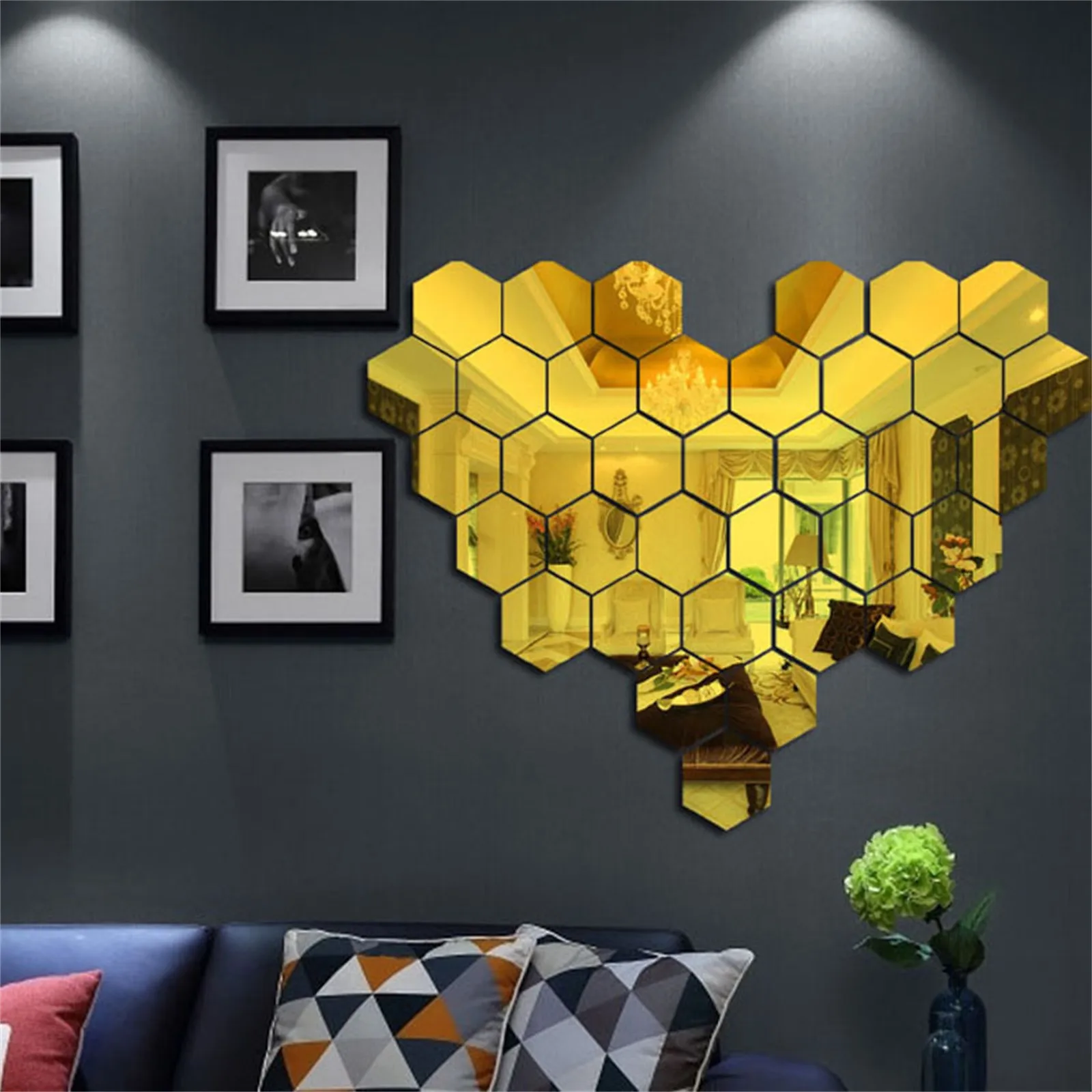 

12PCs Bedroom Art Wall Home Decor Mirror Hexagon 3D Mirror DIY Wall Sticker Stickers Decoration Decor Stickers Self adhesive