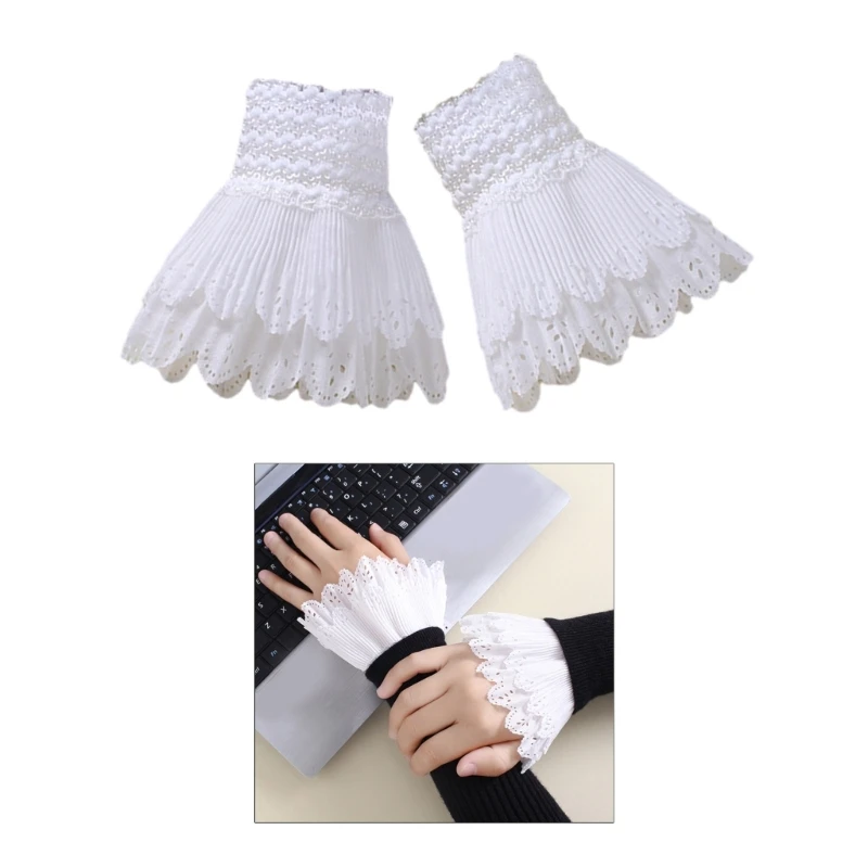 

L93F Girls White Color Wrist Cuffs Decorative Sleeve Layered False Cuffs Shirt Decors