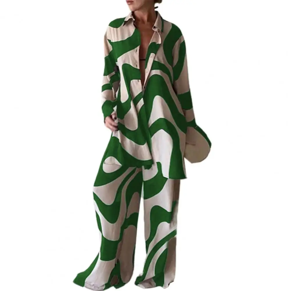 

2 Pcs/Set Shirt Pants Sets Women Outfit Long Sleeves Stripe Print Contrast Color Elegant Women Tops Pants Set Summer Clothes