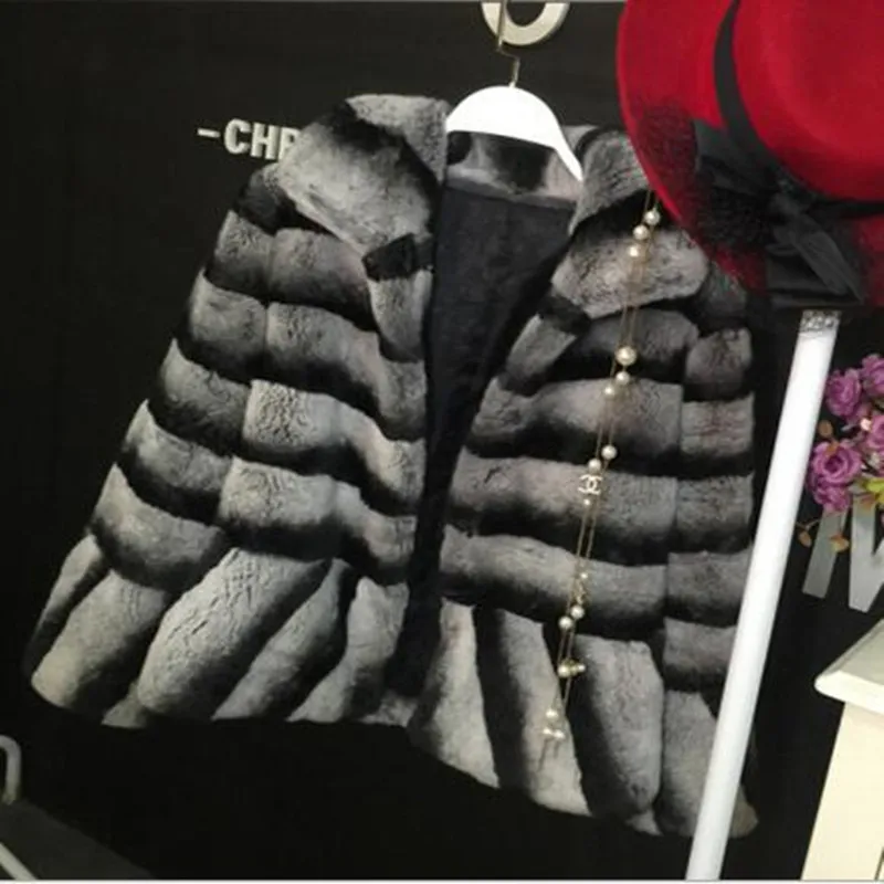 Russian Fashion Women Real Fur Coat Winter Warm Stand Collar Natural Chinchilla Rex Rabbit Fur Coat DA-77