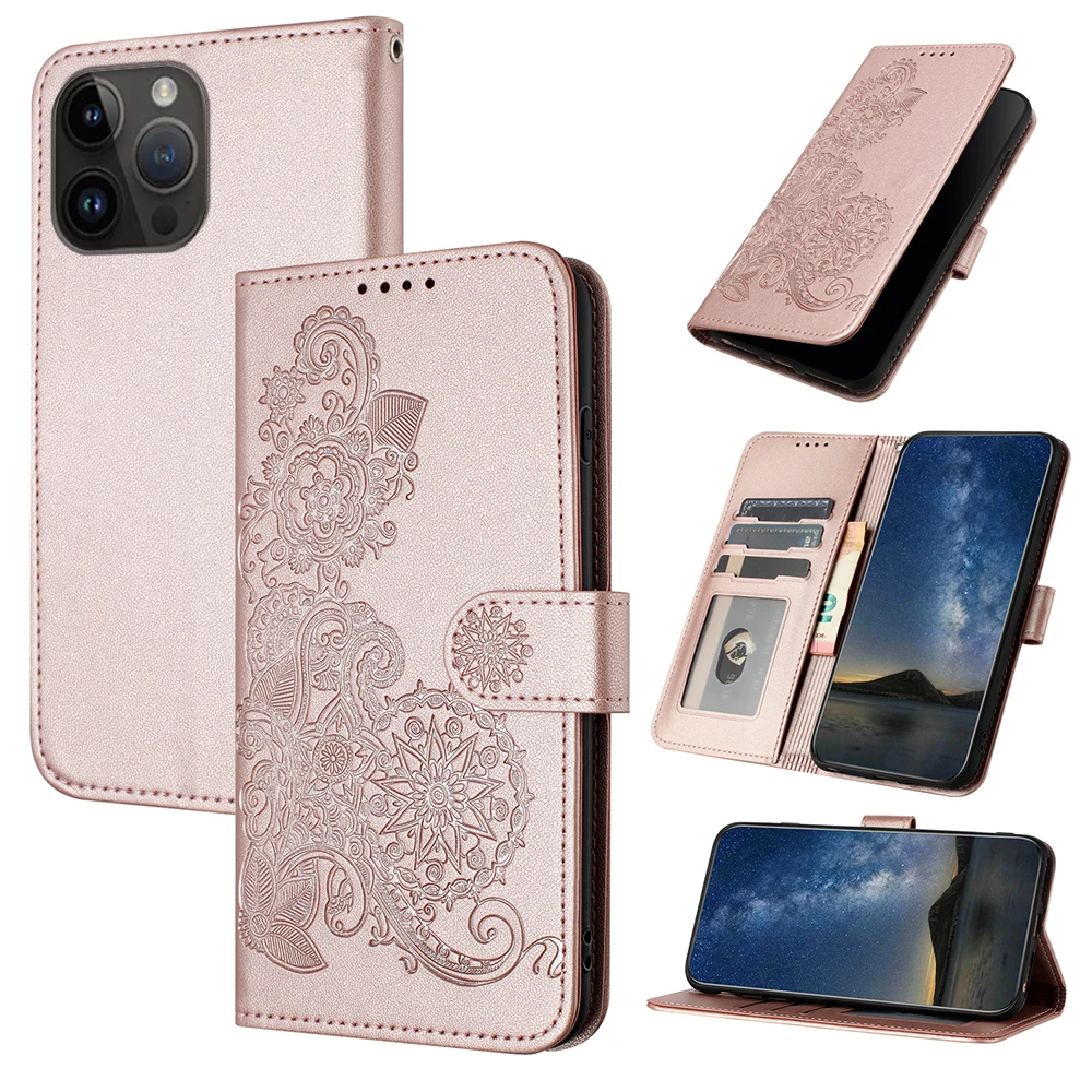 

Emboss Flower Cards Solt Wallet Leather Case For iPhone 15 Pro Max 14 Plus 13 12 MINI 11 XS X XR 6 7 8 SE 2022 Book Bag Cover