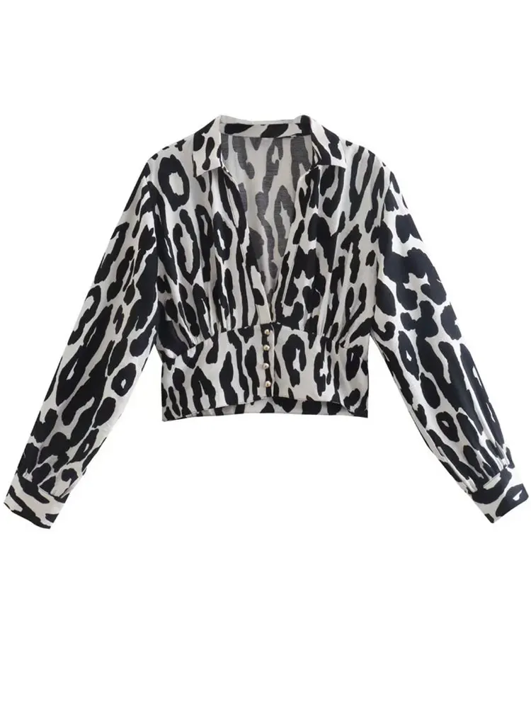 

Nlzgmsj ZBZA Print Short Top Women 2022 Spring Fashion Chic Turndown Collar Long Sleeve Shirts Blouse Women Summer Blouse 202203