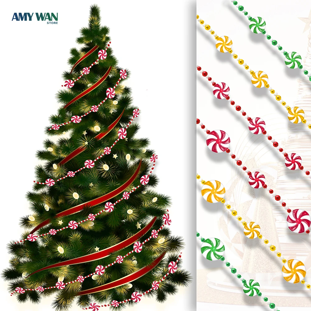 

Рождественская цепочка из бусин, 2,4 метров, с мятными конфетами, подвесные бусины для камина, украшение для рождественской елки, домашнее ук...