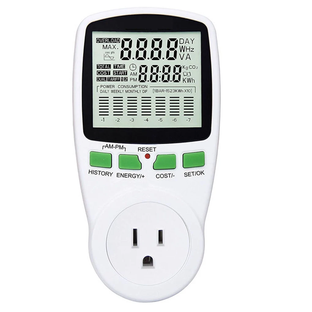

Digital Wattmeter Energy Power Voltage Current Frequency Meter Socket LCD Wattage Electricity KWH Measuring Outlet Analyzer