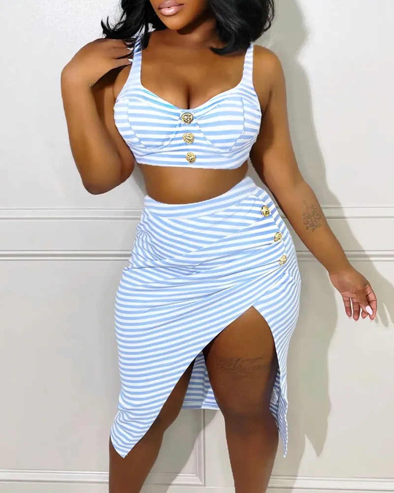 

Women Striped Print Crop Top & High Slit Skirt Set Women 2pcs Clothes Suit Summer Spring Sleeveless Cami Tanks Tops Skirt