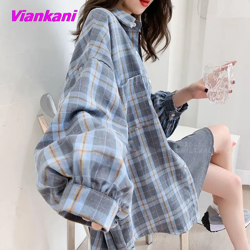 

Осенняя женская рубашка, корейские базовые клетчатые блузки, повседневная универсальная шикарная рубашка большого размера в стиле Харадзю...